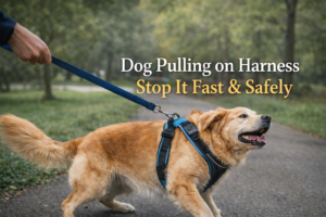 Golden Retriever pulling hard on a leash while wearing a harness during a walk in a park.