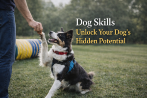 Border Collie giving a paw to its trainer during an outdoor agility training session.