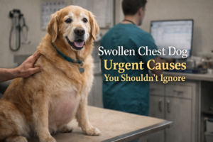 Golden Retriever with visibly swollen lower chest sitting on a veterinary exam table while a veterinarian works in the background.